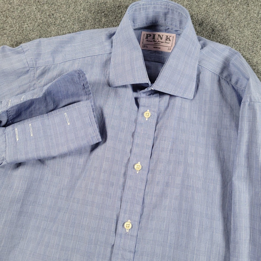 Thomas Pink Dress Shirt Mens 15.5 33 Blue Glen Plaid Cotton Double Cuff Ireland